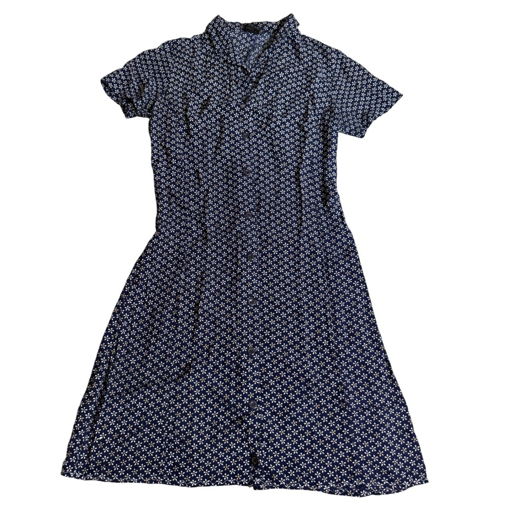 VTG 90s NY&CO Navy Blue Floral Button Down Shirt Dress Short Sleeve Rayon Size 6